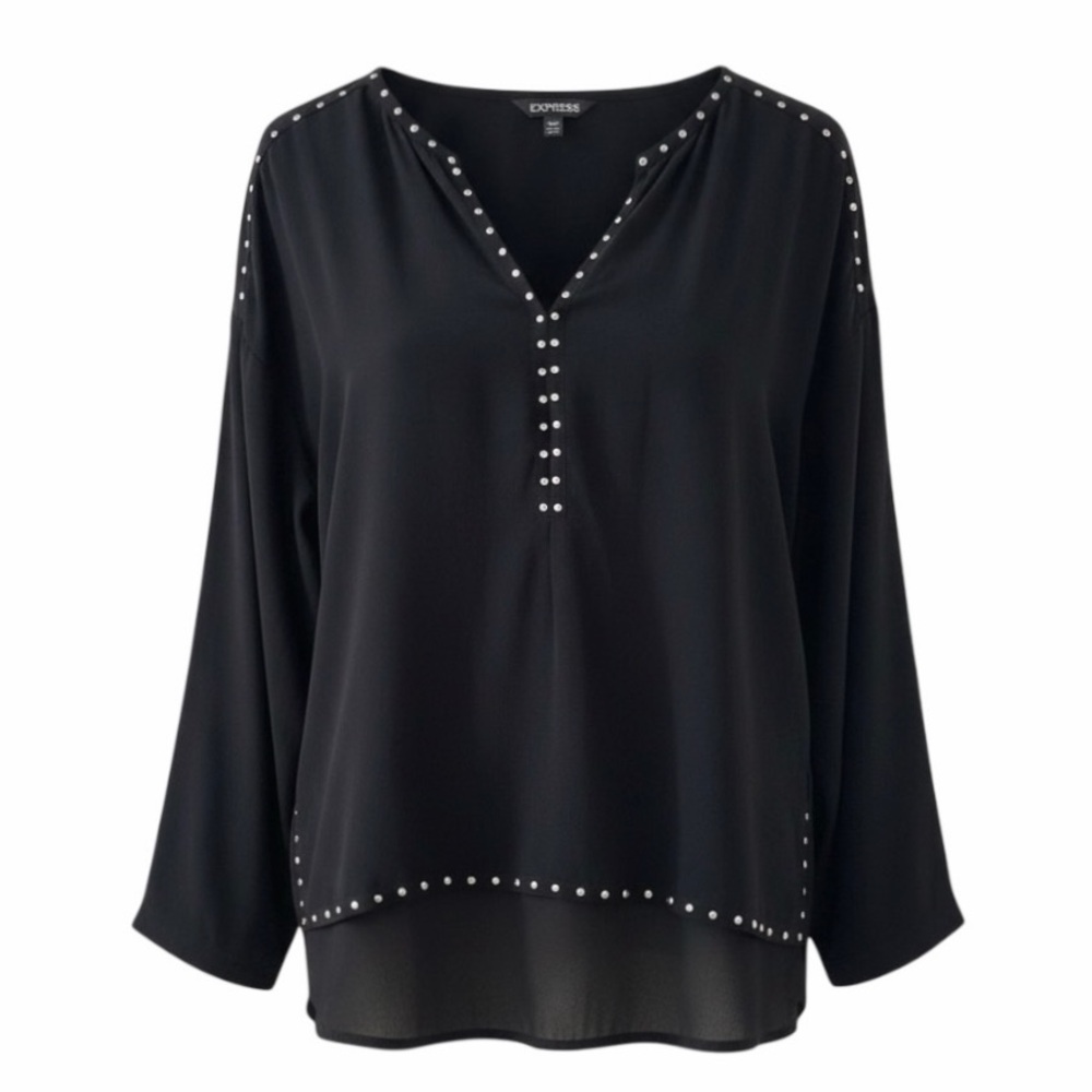 NEW Express Black V-Neck Long Sleeve Blouse with Silver Stud Detail Size Small